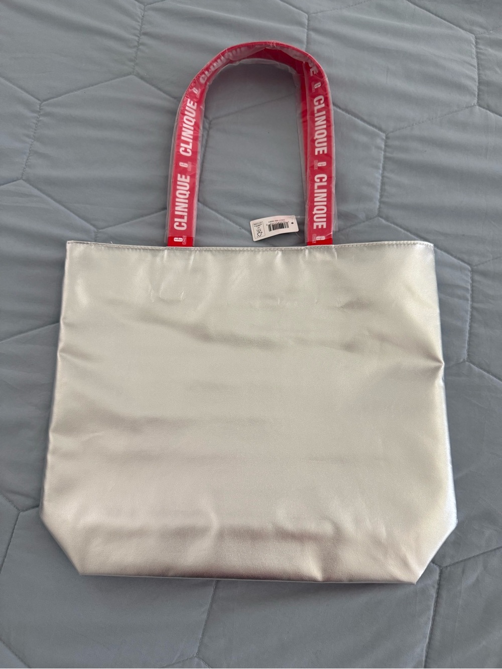 Clinique Reversible Silver and Red White Swirl Tote 13" Bag
